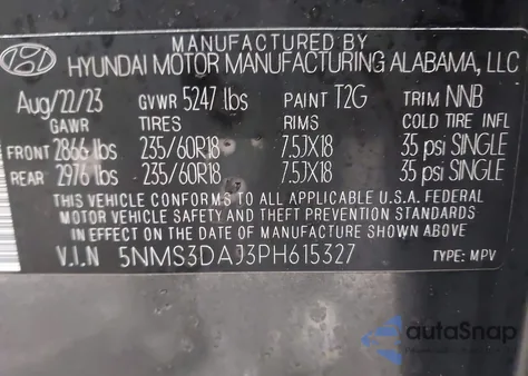 2023 Hyundai Santa Fe Sel z USA, uszkodzony, nr VIN 5NMS3DAJ3PH615327